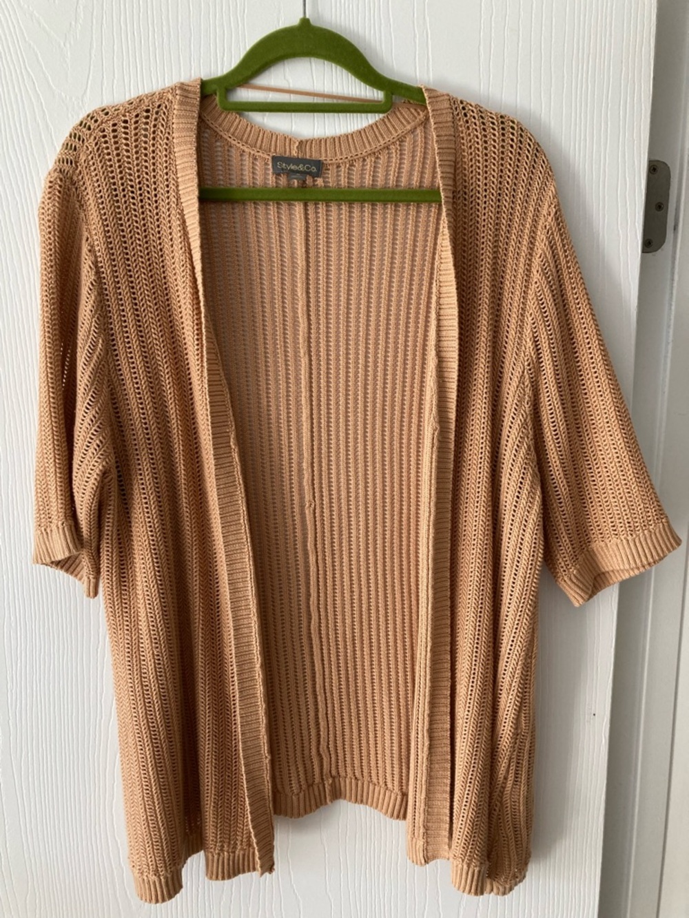 Style & Co. Open-Front Short-Sleeve Knit Cardigan in Tan.